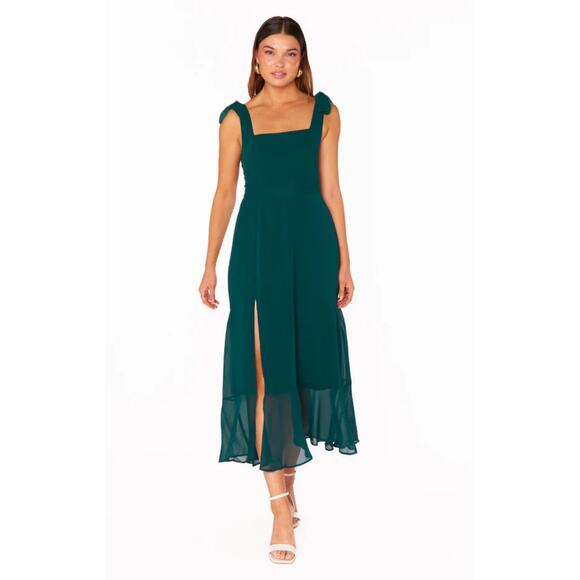 Show Me Your Mumu Claire Chiffon Midi Dress Emerald Green - Picture 1 of 10